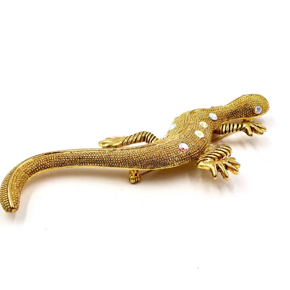 RHINESTONE LIZARD PIN BROOCH Gold Tone Salamander Gecko - Picture 7 of 8